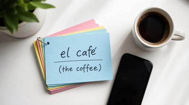 Language flashcards with smartphone and coffee on desk
