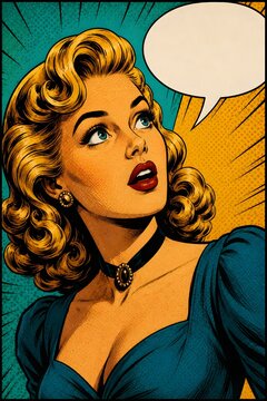 Vintage pop art woman with speech bubble, retro comic book style blonde girl, mid-century pinup illustration with halftone dots and blue dress