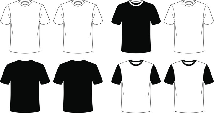 Blank black and white t shirt vector fashion technical drawing template set front and back views