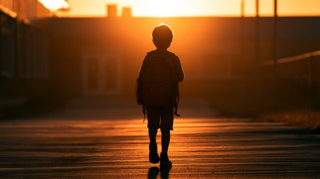 Child with Backpack Walking Towards Golden Sunset