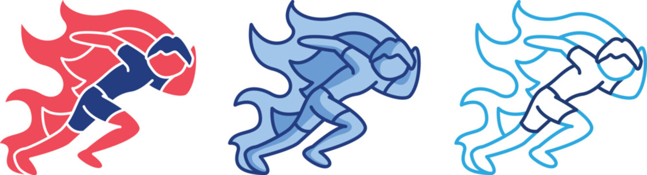 Running man with flames, speed and power concept, superhero runner, athletic performance, sport icon, vector.