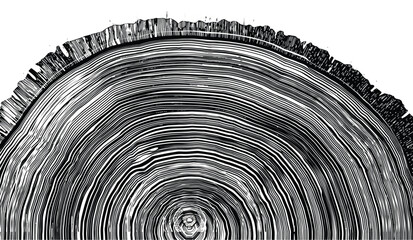 Detailed cross section of tree trunk showing circular annual growth rings and detailed bark texture isolated on white background © Atikul