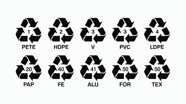 Collection of plastic and material recycling codes with numeric indicators and acronyms isolated on a plain white background layout