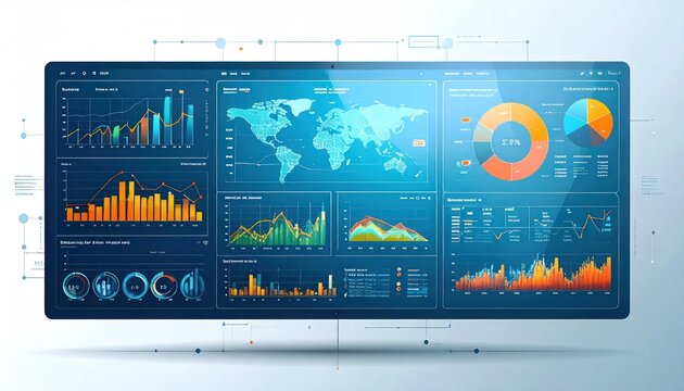 Futuristic blue analytics dashboard with world map data.