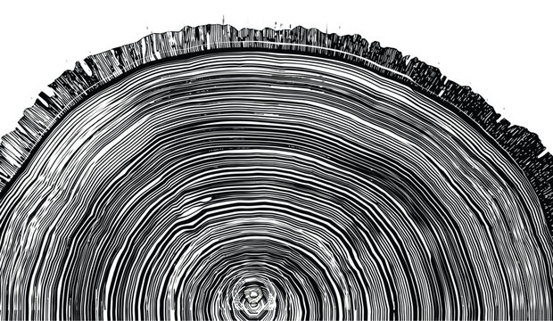 Detailed cross section of tree trunk showing circular annual growth rings and detailed bark texture isolated on white background
