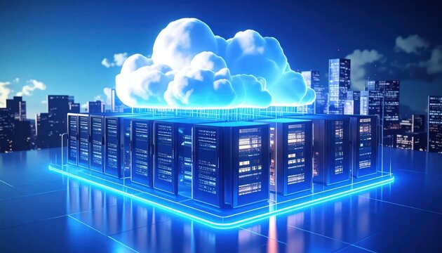 Futuristic data center servers with glowing blue digital cloud.