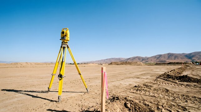 Surveying equipment on a tripod set up on a construction site with a wooden stake and mountains in the background