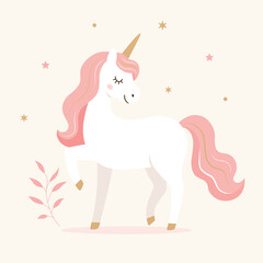 Adorable pastel unicorn illustration featuring a white unicorn with a flowing pink mane and tail, golden horn, stars, and decorative leaves. Clean flat vector style perfect for nursery wall art, child © yuliabikirova