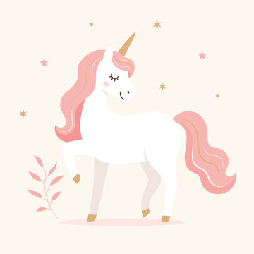 Adorable pastel unicorn illustration featuring a white unicorn with a flowing pink mane and tail, golden horn, stars, and decorative leaves. Clean flat vector style perfect for nursery wall art, child