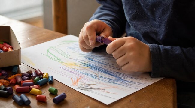 Child hands coloring with broken crayons