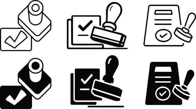 Stamps and documents with checkmarks, representing verification and approval processes.