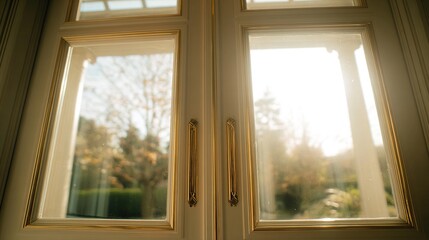 Fototapeta premium mansion. Elegant double doors bathed in golden hour light, framing a serene garden view. real-estate listings, architecture portfolios, designed for interior renovation comparisons for interiors.