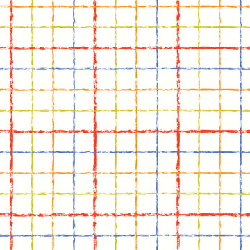 Colorful square girds seamless pattern with crayon textured brush. For back to school backgrounds, stationary and fabric