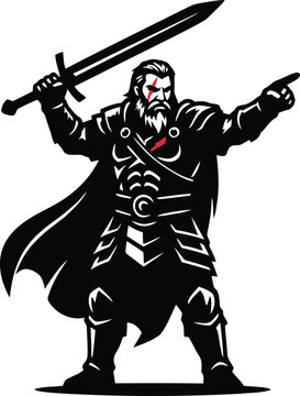 A bold vector drawing of a bearded warrior hero standing tall while holding a sharp silver sword.