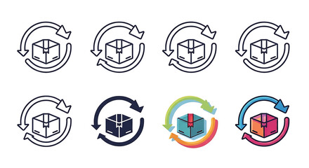 Fototapeta premium Set of shipping box icons with circular arrows representing logistics and return delivery processes
