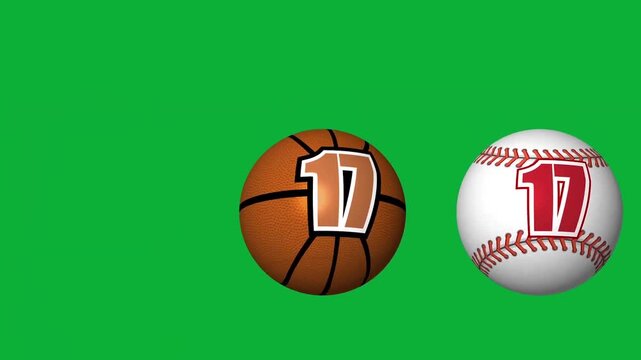 20 to 1 seconds sports countdown timer animation with cricket, basketball and baseball balls on green screen chroma key background, 3d sports match countdown video