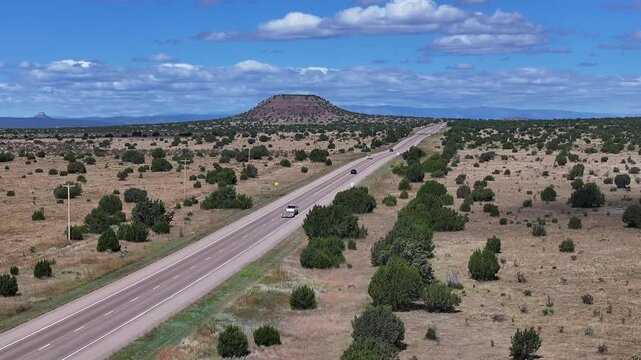 Aerial view of Route 66 Highway in New Mexico desert, USA 