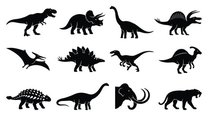 Dinosaur Silhouette Icon Set - T-Rex Triceratops Vector Illustrations Isolated on White Background © Muhammad