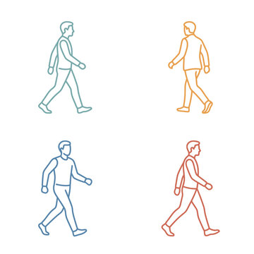 Colorful outline icons of walking people in motion.