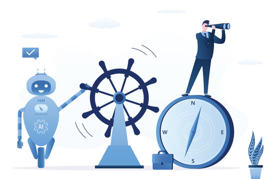 Smart businessman with binoculars stands on giant compass, looking ahead while an AI robot steers ship. Collaboration between human vision and automated technology.