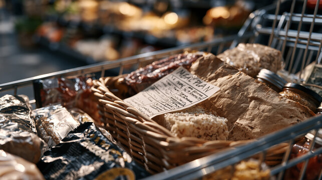 close-up of a grocery cart containing only unit-priced staple items with a handwritten meal plan tucked into the child seat, a worn envelope of cash visible beside it, representing disciplined budge