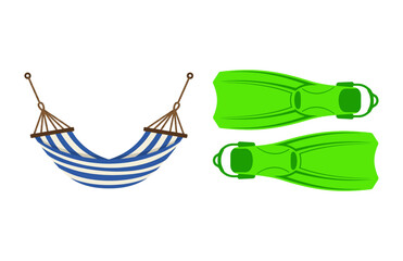 Vacation Concept Featuring a Relaxing Striped Hammock and Bright Green Swimming Flippers © Paliyem