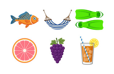 Set of Colorful Summer Vacation Icons Featuring Fruits and Beach Equipment © Paliyem