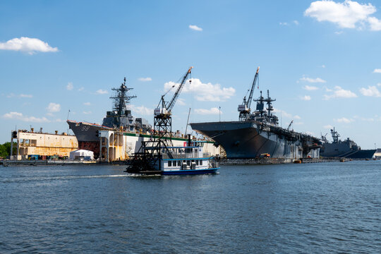 Elizabeth River Ferry Passing Naval Shipyard, Portsmouth Virginia