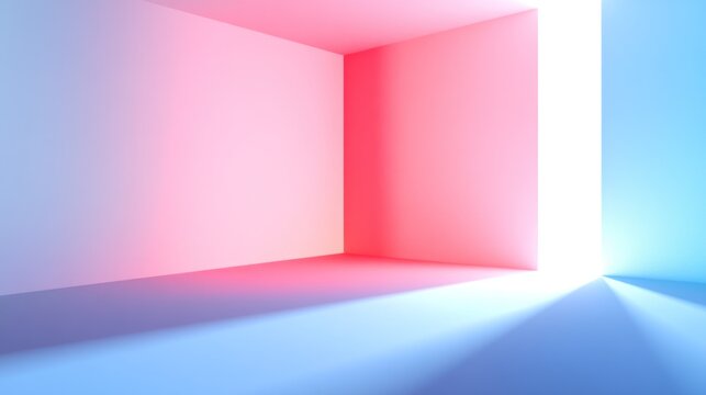 Bright minimalist room pink and blue gradient walls empty space clean background soft light