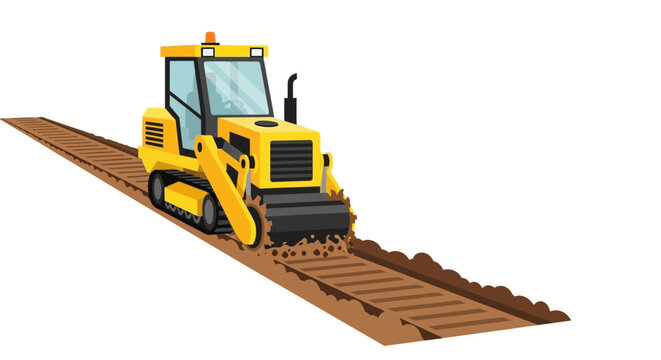 Yellow Construction Bulldozer Crawler Leveling Dirt Road, Industrial Machine Illustration Isolated on White Background for Infrastructure and Civil Engineering Projects