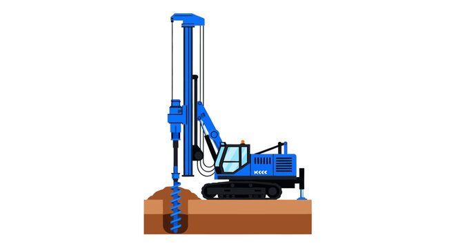 Heavy Duty Crawler Drilling Rig for Foundation Work, Flat Vector Illustration of Industrial Boring Machine on White Background