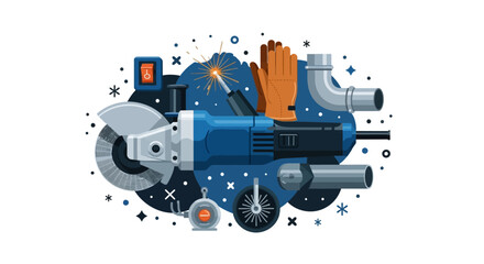 Obraz premium Industrial Metalworking Tools Illustration with Angle Grinder, Welding Torch, Safety Gloves, and Pipes - Vector Graphic for Construction and DIY Maintenance Services