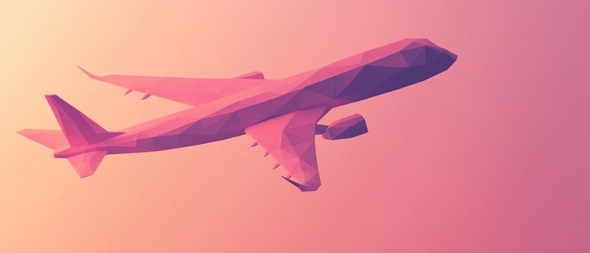 Pink polygonal airplane in flight geometric design travel concept