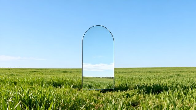 Mirror in green grass field