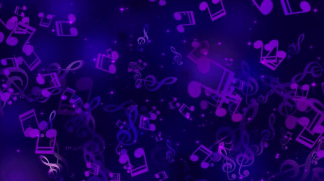 Abstract purple musical notes floating on a blue background.