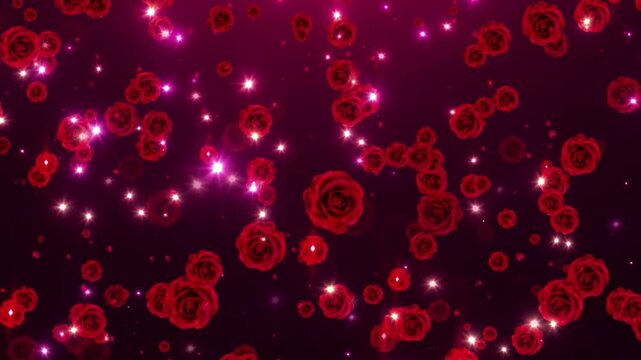Red roses falling on a deep red background with sparkling lights.