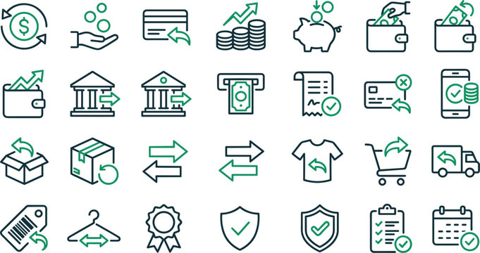 Financial and shopping line icon set featuring money refund cashback return logistics banking savings online commerce transactions and business payment elements