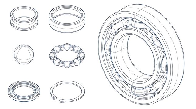 Technical diagram of assembled ball bearing components showing exploded view