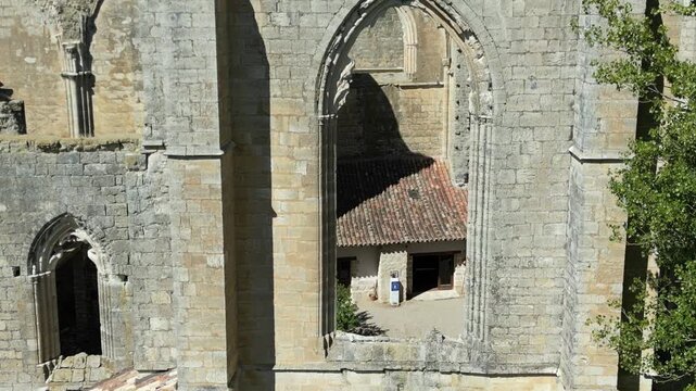 A Close view of San Anton stone walls and Gothic openings along Camino de Santiago