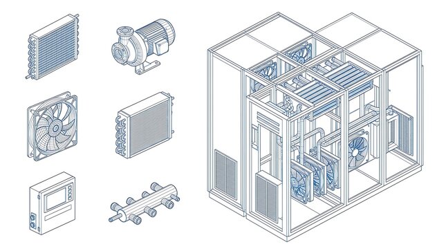 Industrial hvac system components and air handling unit wireframe illustration set