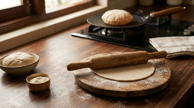 Wooden rolling pin and rolled dough on a board in a kitchen. Making traditional homemade flatbread. Roti puffing on a gas stove pan in the background