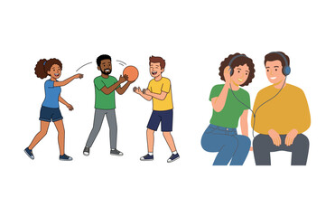 Obraz premium Diverse Group of Young Friends Playing Basketball and Listening to Music Together