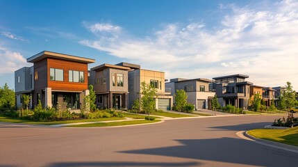 Obraz premium driveway. Modern residential neighborhood street view during evening golden hour, architectural perspective. real-estate listings.