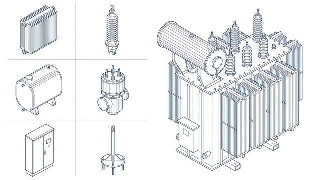Isometric technical illustration set of power electrical transformer components