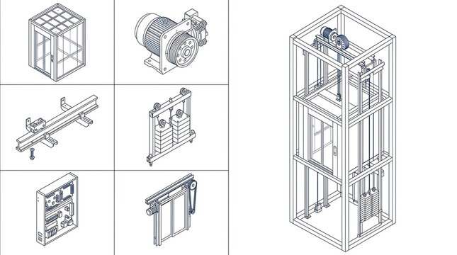 Isometric technical diagram of elevator components