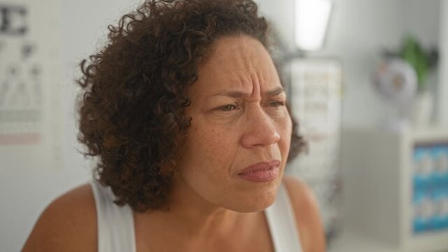 Woman squints at eye chart, face creased and leaning forward during an optician vision test in building; frustration vision.