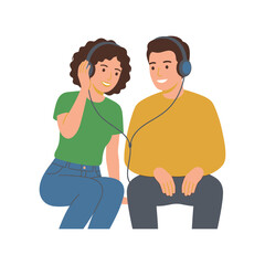 Fototapeta premium Young Couple Sharing Wired Headphones While Listening to Music Together