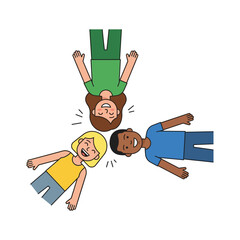 Diverse Group of Happy Friends Lying Together in a Circle on the Ground Smiling and Laughing