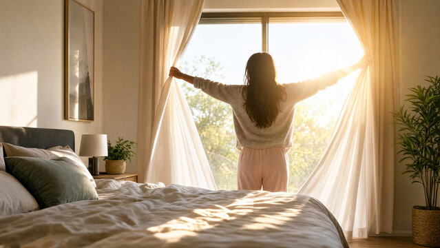 Woman waking up in sunny bedroom, opening curtains and enjoying sunrise light, embracing new day and warmth at home