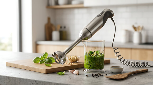 Immersion blender in a glass beaker making fresh green pesto. Hand blender with basil, pine nuts, and garlic on a kitchen counter